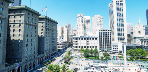 SAN FRANCISCO - AUGUST 5, 2017: Aerial view of Union Square skyline on a sunny day. The city attracts 20 million people annually