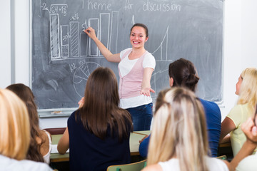 Student gives answer near blackboard