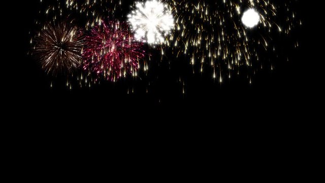 Colorful looping animated fireworks on black background.Celebration loop animation for festive events such Christmas, New Year,Independence Day.Gold,red colorful explosion loopable 4k social post card