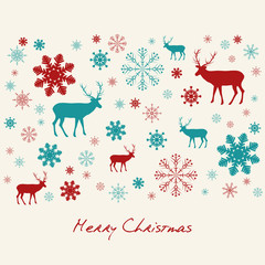 Vector Christmas wishes - winter card with deers and flakes.  Eps 10 vector file.