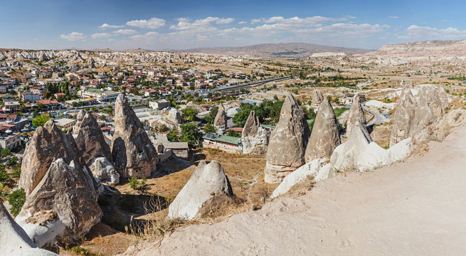 wonderful panoramic landscape view of Cappadocia in Turkey, famous tourist destination. Unusual rock volcanic tuff formation