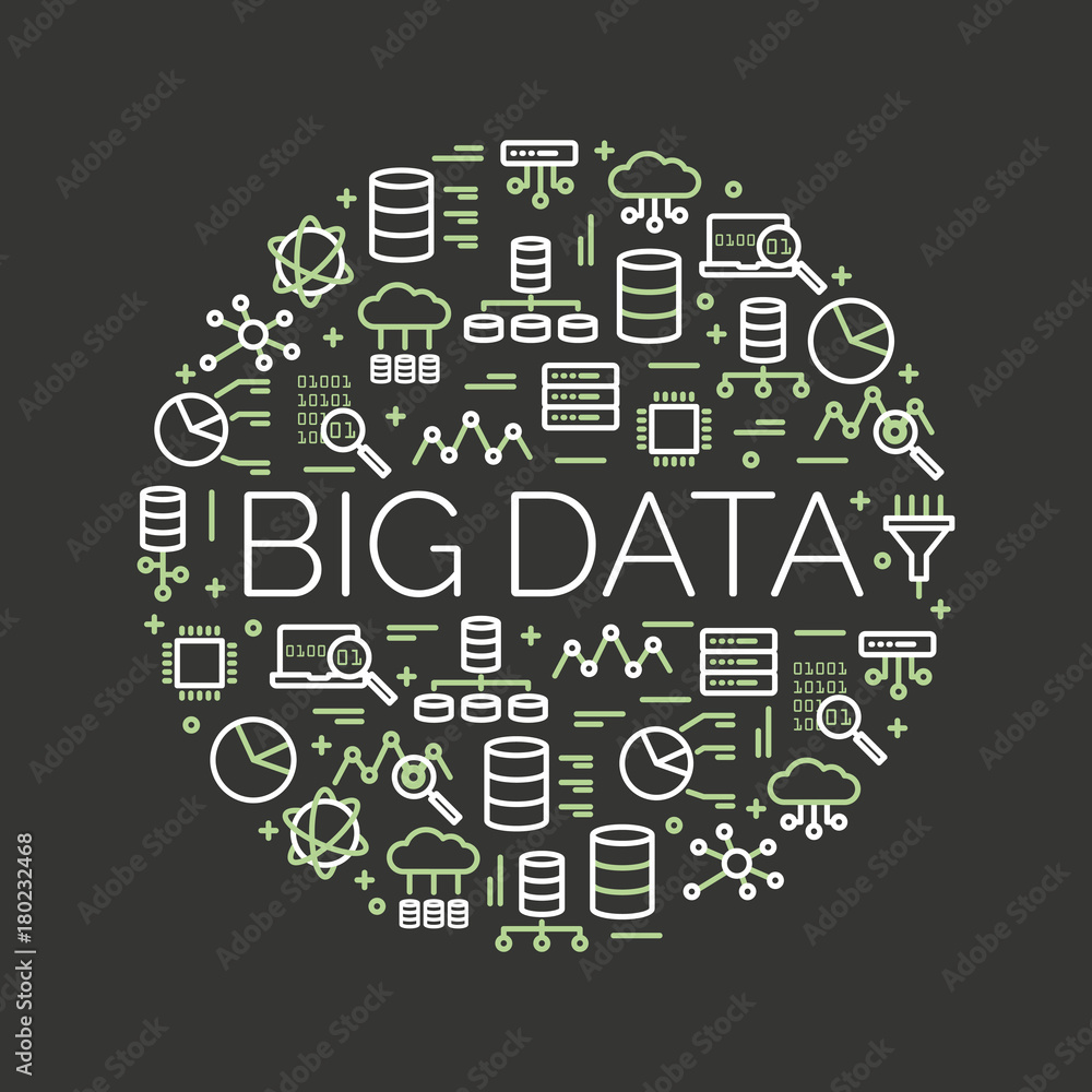 Aufkleber the words big data surrounded by icons of database, cloud computing, server, network… vector backgro