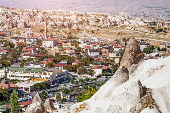  View of the city of Goreme from a height with houses of hotels and mosques. A popular place for tourists to stay