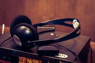 Headphones used for simultaneous translation equipment. headphones used for simultaneous...