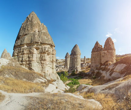 Volcanic tuff Rocks named fairy chimneys or mushrooms at sunset in Cappadocia, Turkey