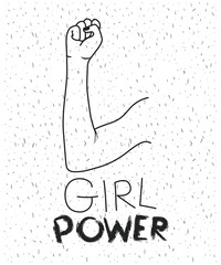 girl power text with female right arm silhouette over white background with sparkles