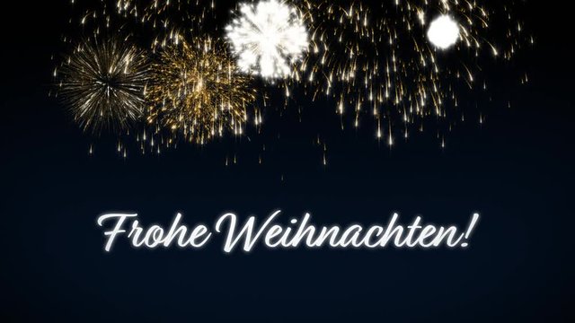 Looping merry Christmas social post card with animated fireworks.Loop Xmas Celebration concept.Multiple languages:english,german,french,spanish,italian,portuguese.Loopable animation for festive event