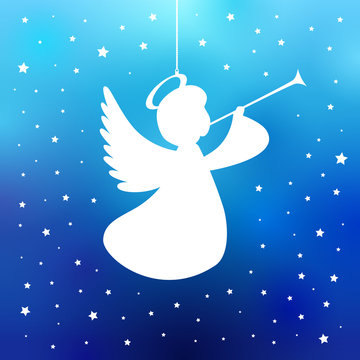 Flying angel with trumpet on a navy blue background. White isolated angel with trumpet starry silhouette, Merry Christmas card. Vector illustration