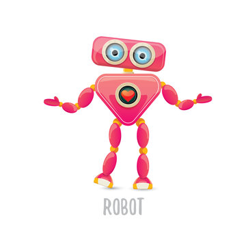 vector funny cartoon pink friendly robot character Isolated on white background. Kids robot logo design template