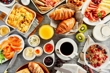 Large selection of breakfast food on a table - 180235897