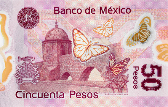 Aqueduct in Morelia, Michoacan on Mexico 50 pesos (2015) banknote closeup macro, Mexican money close up.