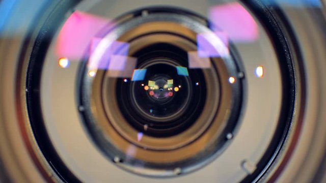 A macro view on a working video camera lens. 