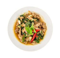 .Stir fried pork and basil top view on white background