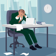 Businessman or manager grabbed his head in despair. Man sitting at table in office, around mess. Failure or problem concept. Simplistic realistic comic art style