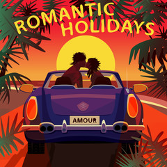Young couple sitting in cabriolet car on beach near ocean at sunset and kissing. Back view. Lettering Romantic Holidays. Love in car concept. Simplistic realistic style