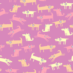 Seamless dog pattern with funny pets with big eyes, in different poses. Pink background. Flat comic style