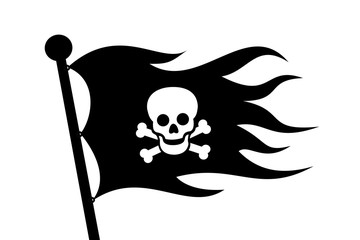 Obraz premium Wavy black pirate flag with bone and skull is on the flagpole. Symbol of piracy. Vector illustration