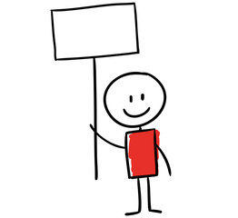 Red line man holding sign, cartoon style illustration