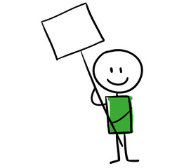 Green line man holding sign, cartoon style illustration