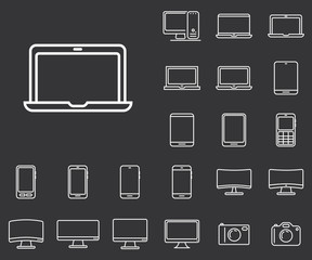 Laptop icon in set on theblack background. 
Set of thin, linear and modern electronic equipment icons.
Universal linear icons to use in web and mobile app.