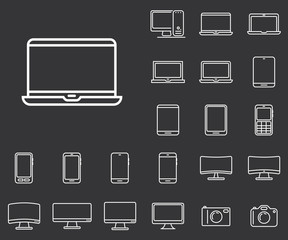 Modern laptop icon in set on the black background. 
Set of thin, linear and modern electronic equipment icons.
Universal linear icons to use in web and mobile app.