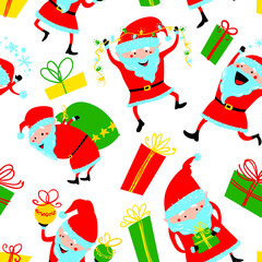  Background with cute Santa Claus and gift boxes. Christmas seamless pattern.