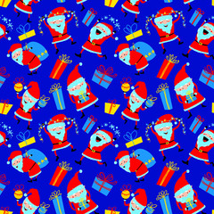 Christmas seamless pattern. Background with cute Santa Claus and gift boxes.
