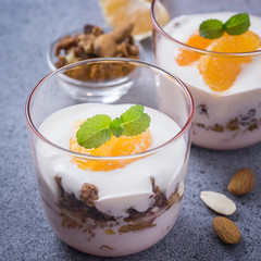 Winter fruit yogurt dessert on concrete background. Selective focus, cpace for text. 