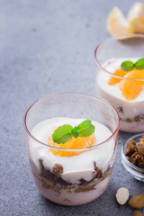 Healthy vegan granola fruit berry snack on concrete background. Selective focus, cpace for text. 