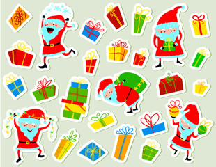 Christmas stickers with cute Santa Clause and gift boxes. Winter decoration