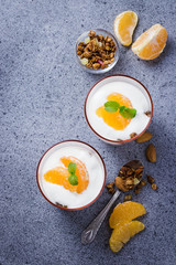 Fruit and granola parfait on concrete background. Top view, copy space.