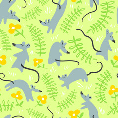 Seamless pattern with mouses. Background with cute rats in the grass. Floral vector illustration