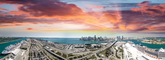 Miami Port aerial view at sunset, Florida