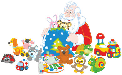 Obraz na płótnie Canvas Santa Claus putting Christmas gifts for children in his bag