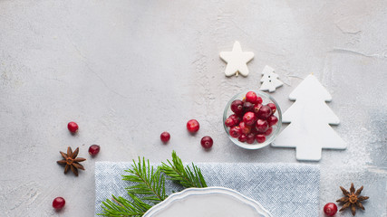Christmas background with a Christmas tree, a star, cranberries and spices. Flat lay, top view