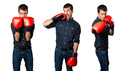 Set of Brunette man with boxing gloves