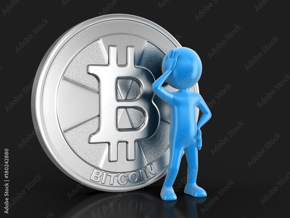 Poster silver bitcoin and man. image with clipping path