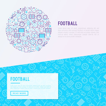Football concept in circle with thin line icons: player, whistle, soccer, goal, strategy, stopwatch, football boots, score. Vector illustration for banner, print media, web page.