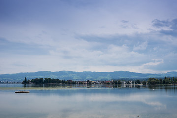 Mountains, valley, lake Constance and peaks landscape, natural environment. Hiking in the alps. Arbon,  Switzerland, Europe