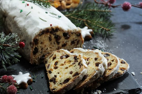 Christmas Stollen-traditional German festive Xmas cake on dark moody background