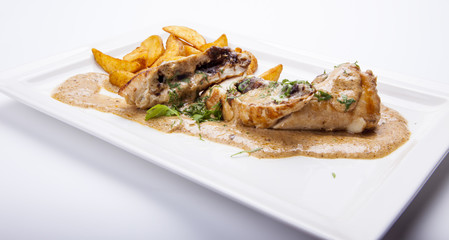 luxury dinner served of Grilled meat with sauce and fish sticks, top view,isolated on white background