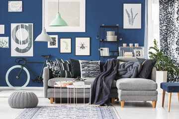 Blue interior with poster gallery - obrazy, fototapety, plakaty