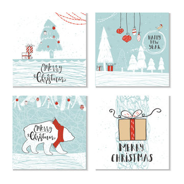 Set of 4 cute Christmas gift cards with animals and  lettering quote Merry Christmas