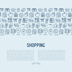 Shopping concept with thin line icons: cashbox, payment, pos terminal, piggy bank, sale, currency, credit card, trolley. Vector illustration for banner, print media.