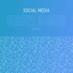 Social media concept with thin line icons: of thumbs up, share, link, send e-mail, music, stream, comments. Vector illustration for banner, web page, print media.