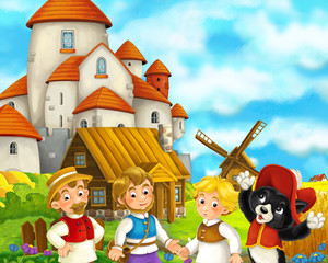 cartoon scene with some medieval farmers and cat standing talking and smiling beautiful castle in the background illustration for children
