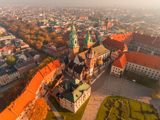 Fototapeta Krakow - Wawel castle at morning time, frome above, aerial drone view, panorama of the Wawel Royal Castle early morning. obraz
