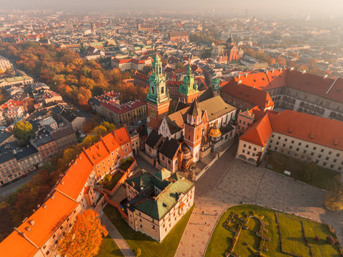 Krakow - Wawel castle at morning time, frome above, aerial drone view, panorama of the Wawel Royal Castle early morning.