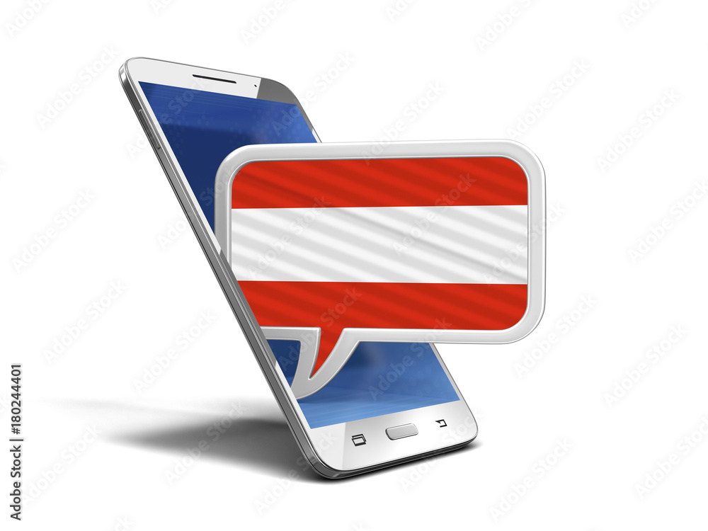 Poster touchscreen smartphone and speech bubble with austrian flag. image with clipping path