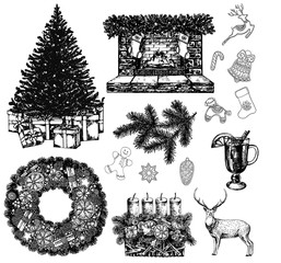 Set of hand drawn sketch style Christmas and New Year themed objects and elements. Vector illustration isolated on white background.